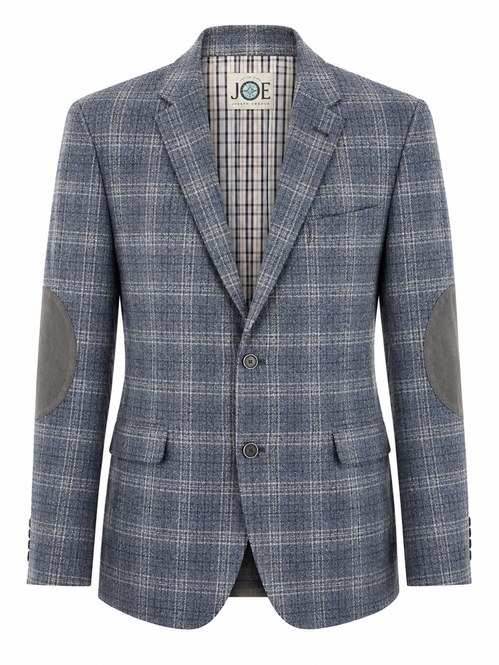 Joe Joseph Abboud 100% Wool Sport Coat 40L | Blue Gray Plaid Elbow Patch Blazer